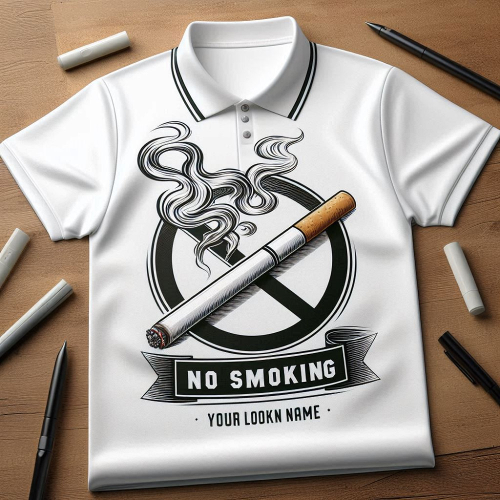 No Smoking / Custom Name Printed White Dry-Fit Collar T-Shirt