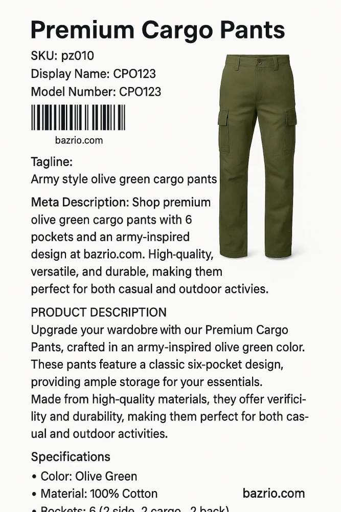 Premium Olive Green Army Style 6-Pocket Cotton Cargo Pants